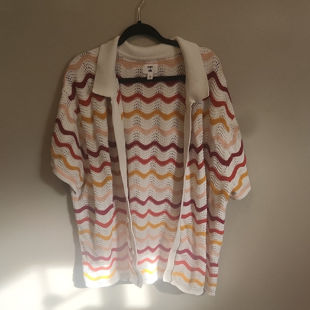 Open-Front Crochet Cardigan in White with Pink & Yellow Waves